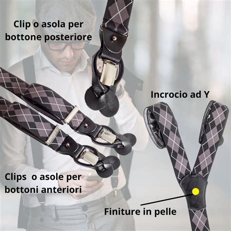 MR.M Bretelle uomo– 3 clips con asole incrocio Y– Regolabili .